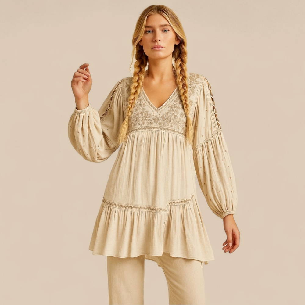 Free People Embroidered Artisan Tunic | Sun-Washed Earthy‎ Tones Peasant Top XS